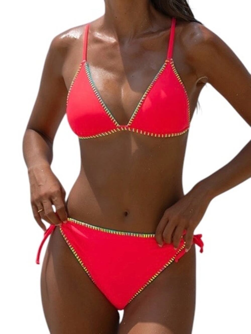 NWT Popvil Watermelon Red Pink Colorful Stitch Trim Triangle Bikini Set Size M